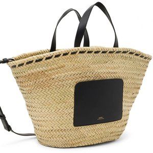 A.P.C. Beige Woven Straw and Black Leather Large Zoe Basket Tote